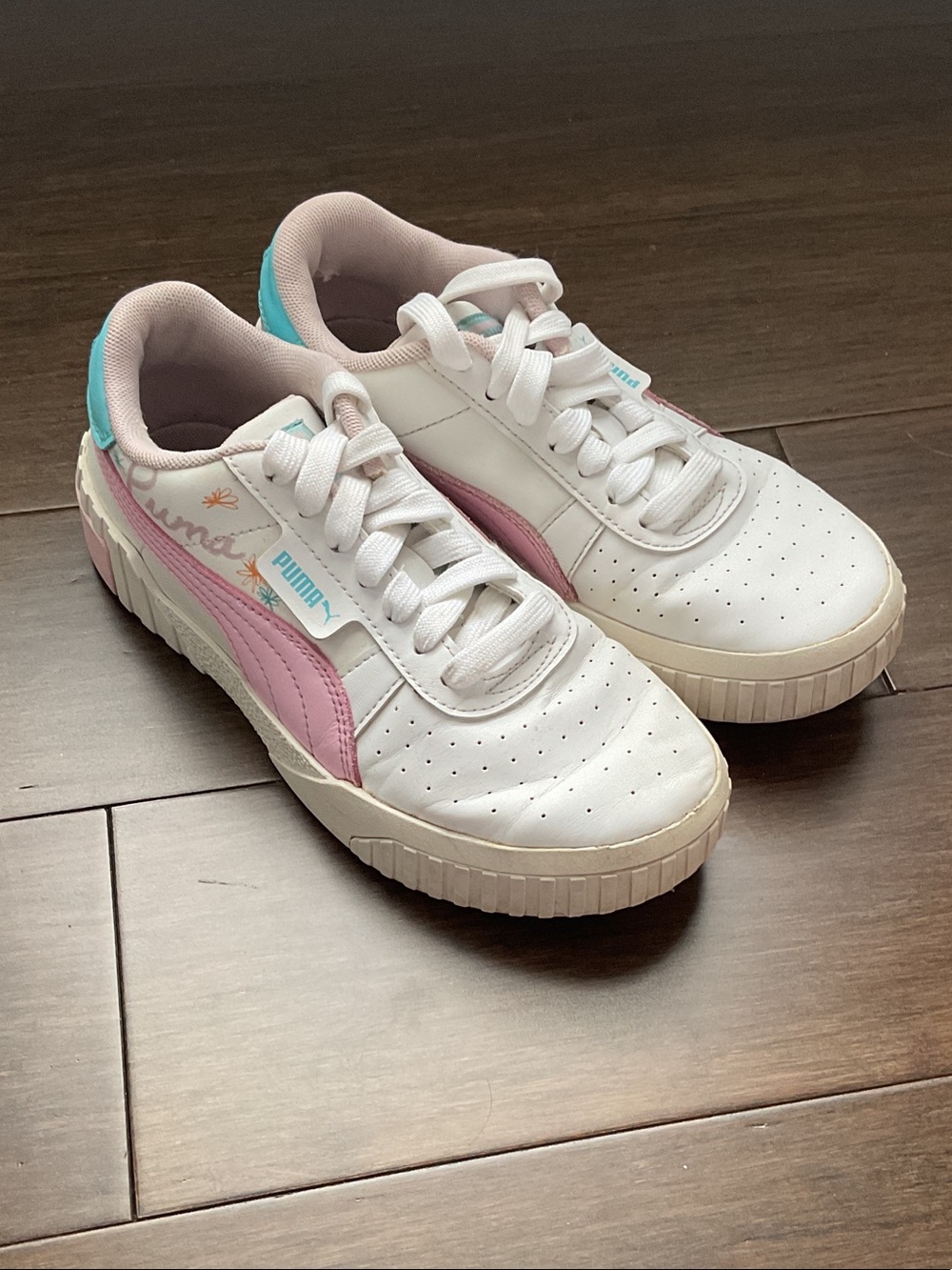 Puma Girls White Sneakers with Pink and Teal Accents
